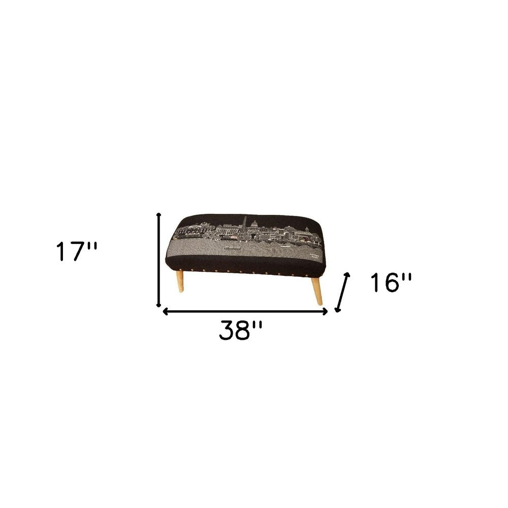38" Gray Wool and Brown Ottoman