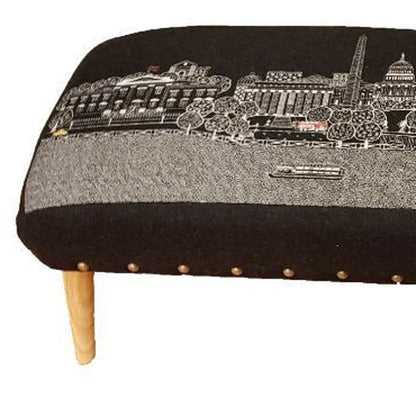 38" Gray Wool and Brown Ottoman
