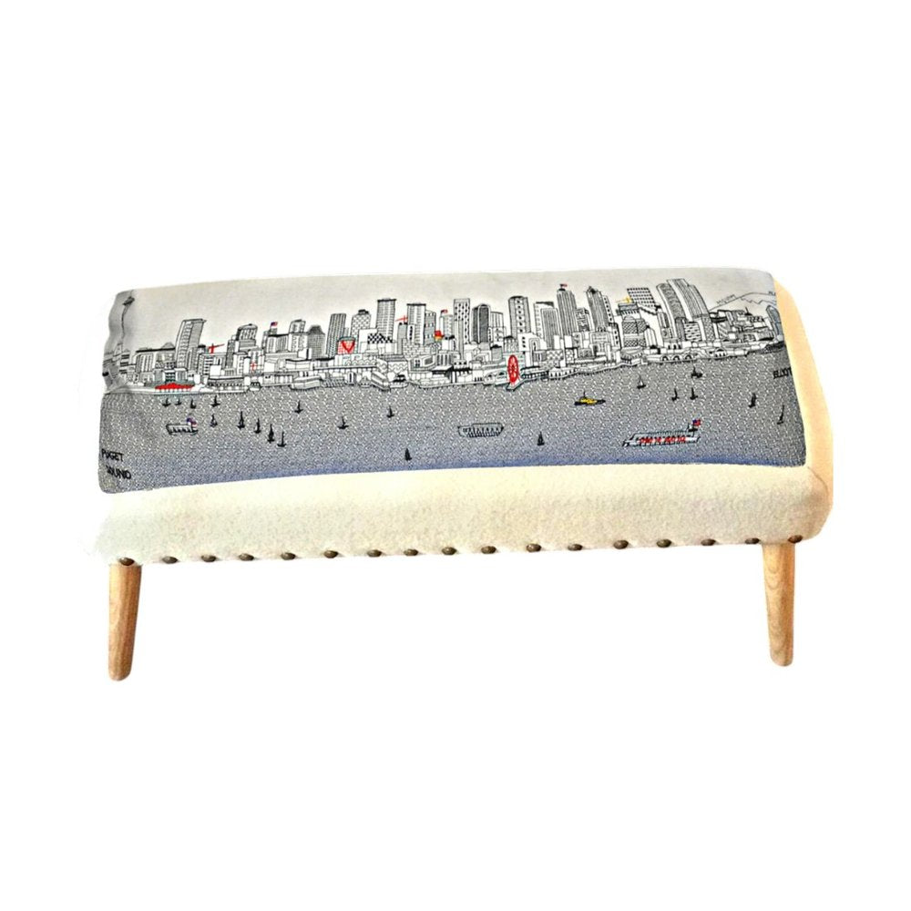 38" Cream Wool and Brown Ottoman