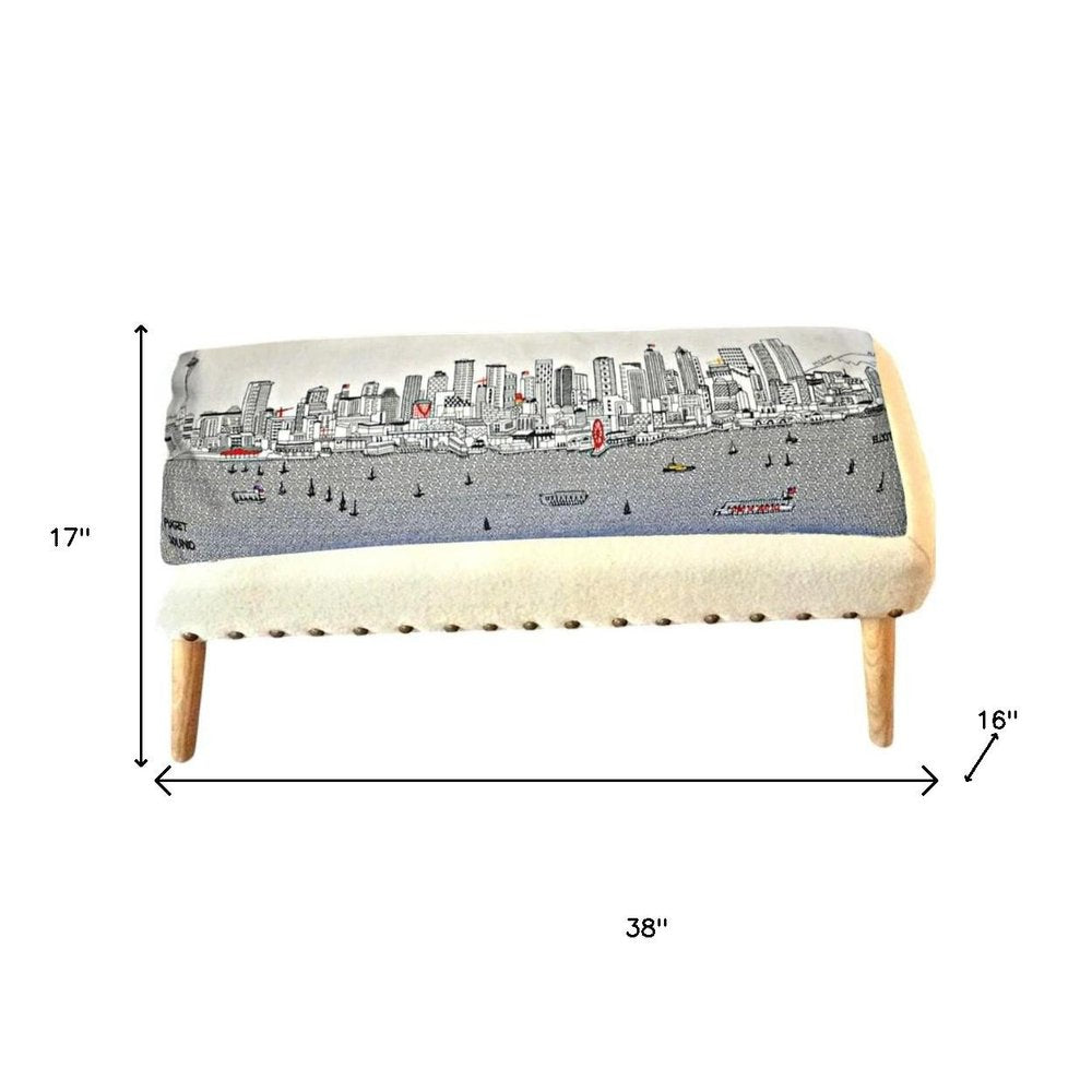 38" Cream Wool and Brown Ottoman