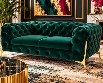 74" Emerald And Gold Velvet Loveseat