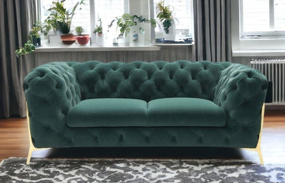 74" Emerald And Gold Velvet Loveseat