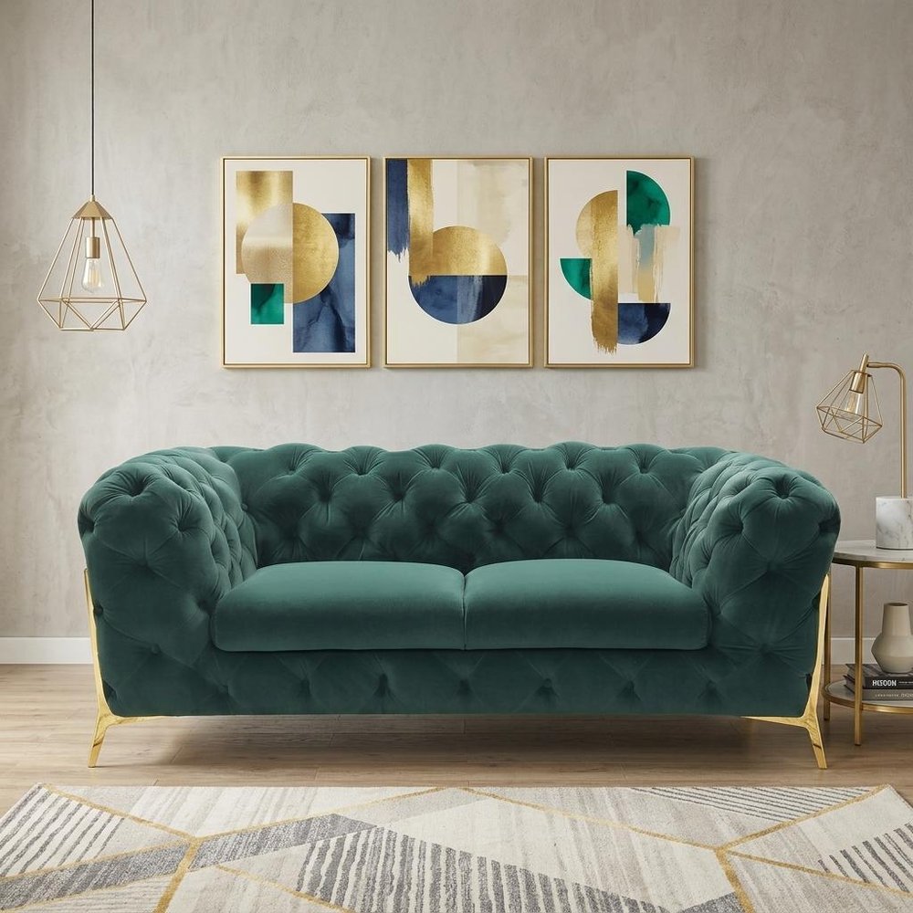 74" Emerald And Gold Velvet Loveseat