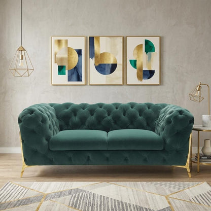 74" Emerald And Gold Velvet Loveseat