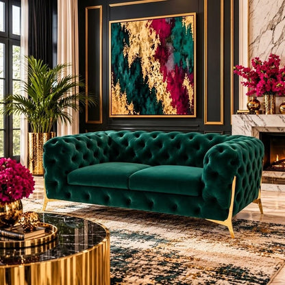 74" Emerald And Gold Velvet Loveseat