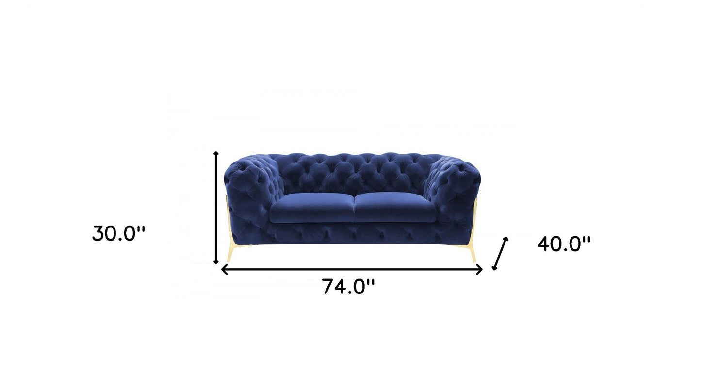 74" Blue And Gold Velvet Loveseat