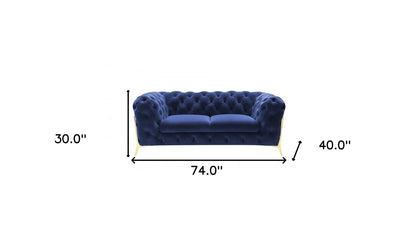 74" Blue And Gold Velvet Loveseat