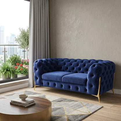 74" Blue And Gold Velvet Loveseat