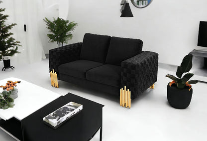 Stylish 69" Black Velvet And Gold Accent Loveseat