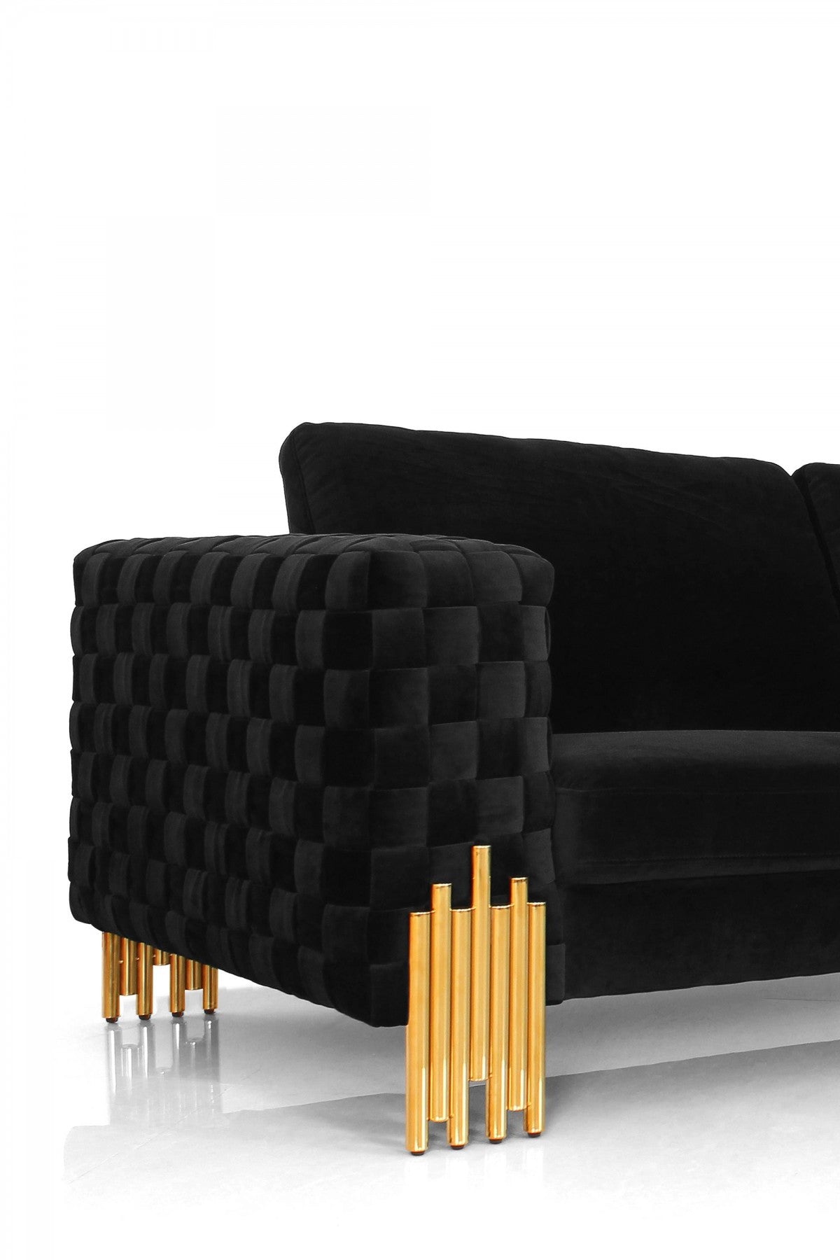 Stylish 69" Black Velvet And Gold Accent Loveseat