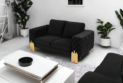 Stylish 69" Black Velvet And Gold Accent Loveseat