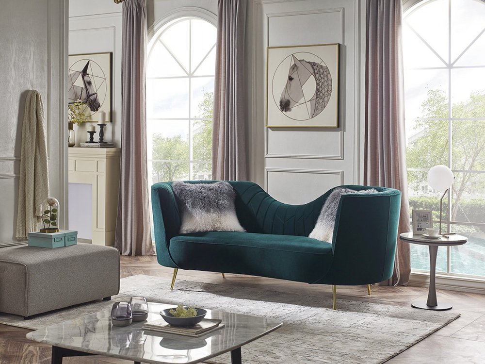 83" Green Velvet Curved Sofa With Gold Legs