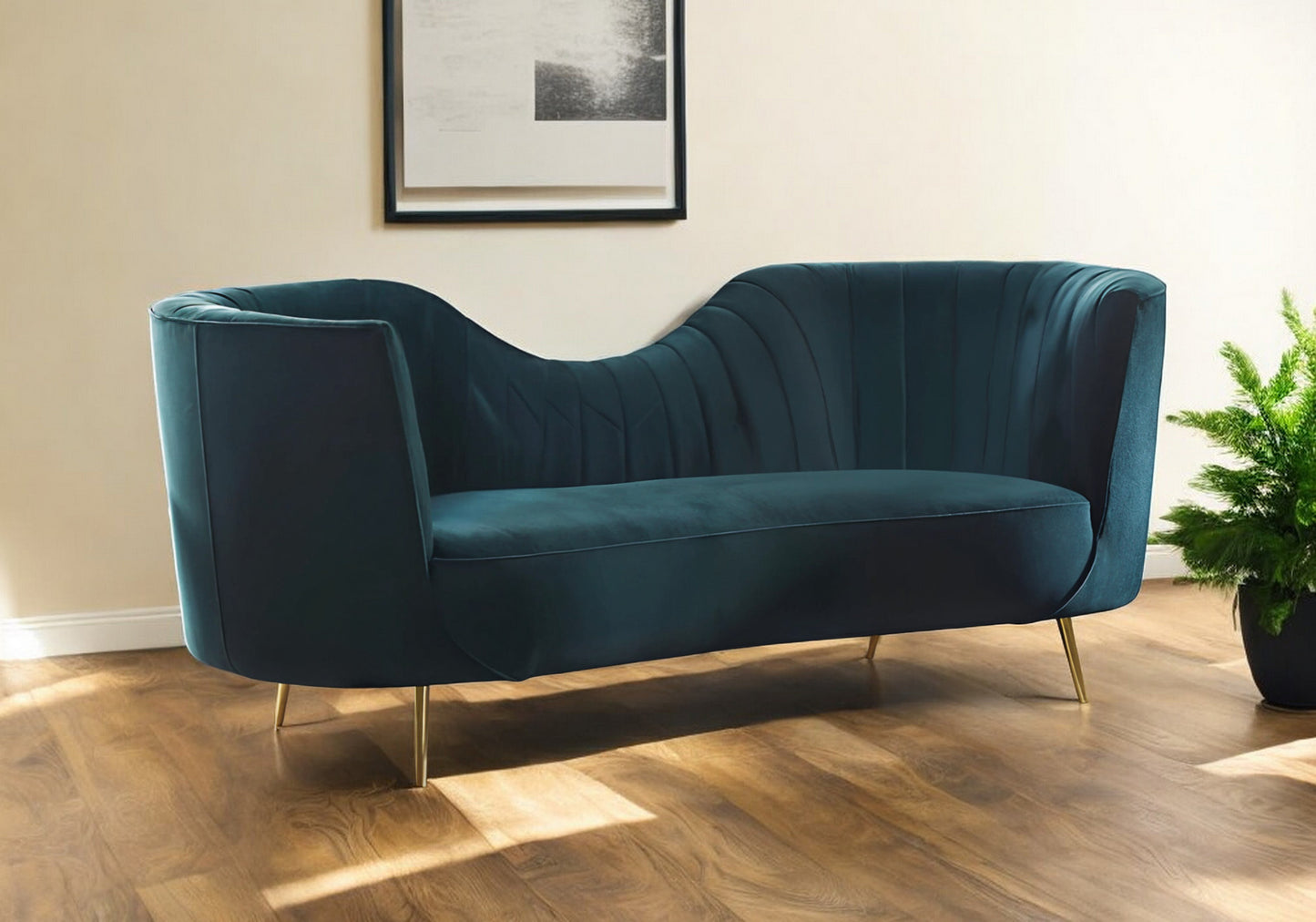 83" Green Velvet Curved Sofa With Silver Legs