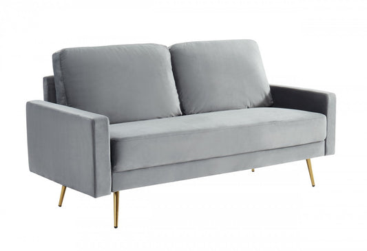 72" Gray Velvet Sofa With Brass Legs