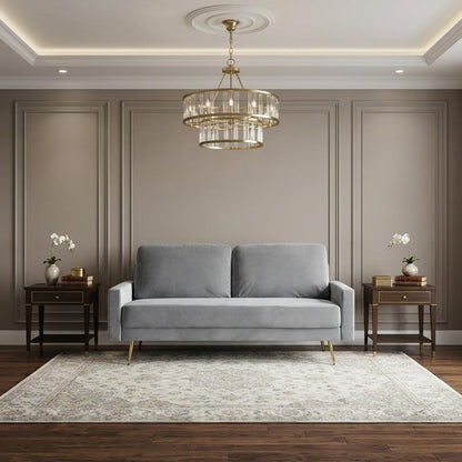 72" Gray Velvet Sofa With Brass Legs