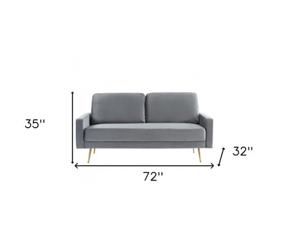 72" Gray Velvet Sofa With Brass Legs