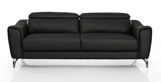 80" Black Genuine Leather Sofa With Silver Legs