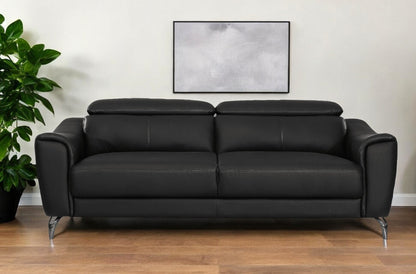 80" Black Genuine Leather Sofa With Silver Legs