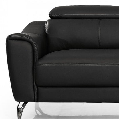 80" Black Genuine Leather Sofa With Silver Legs