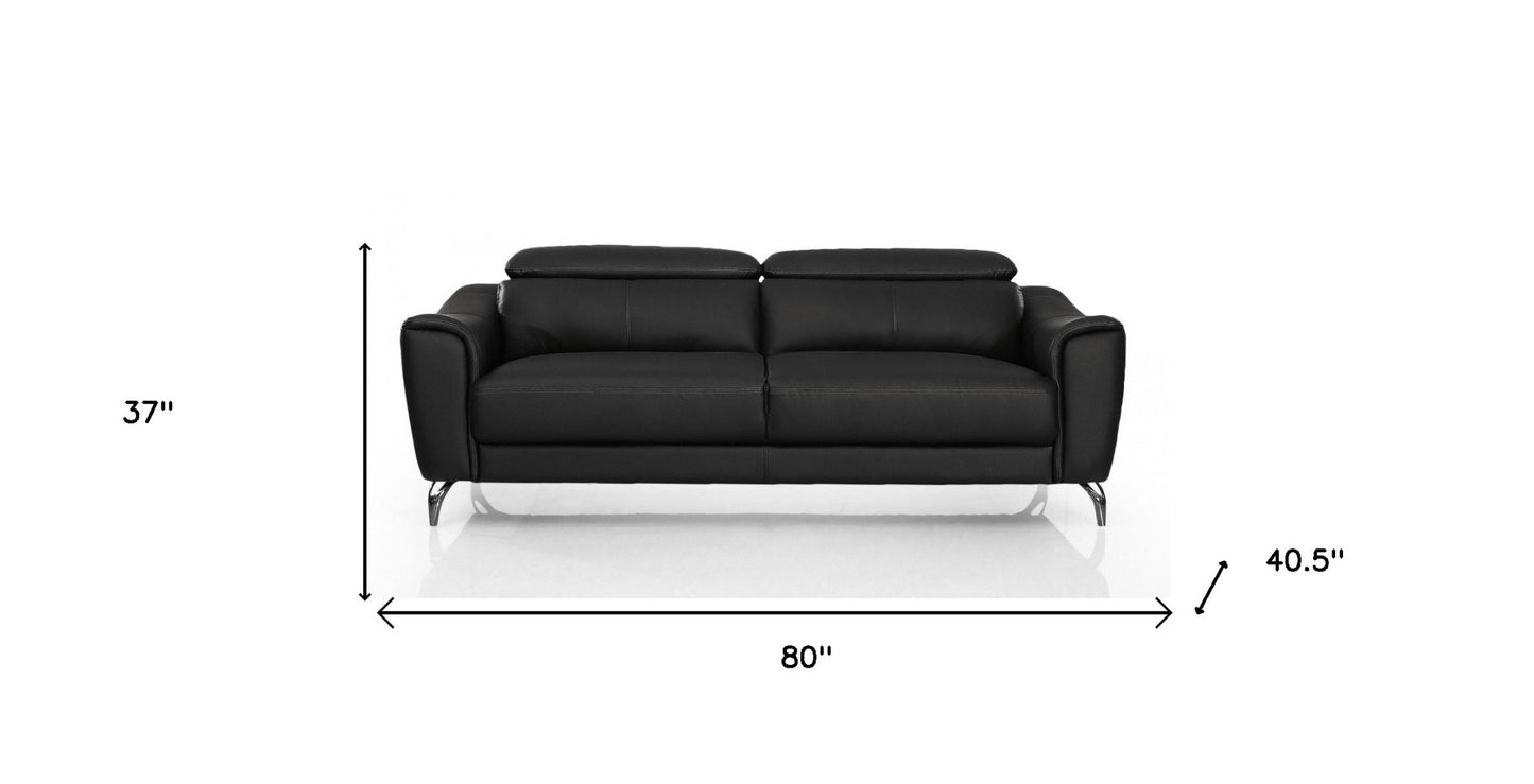 80" Black Genuine Leather Sofa With Silver Legs