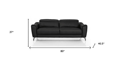 80" Black Genuine Leather Sofa With Silver Legs