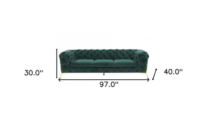 97" Green Velvet Sofa With Gold Legs