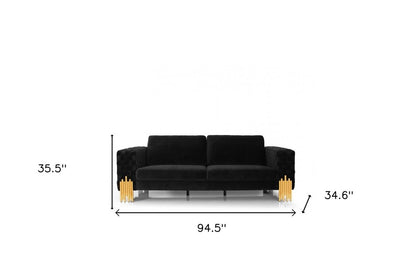 95" Black Velvet Sofa With Gold Legs