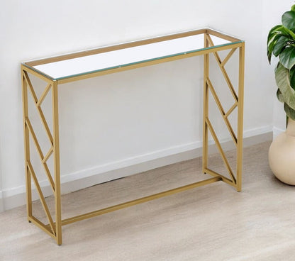 42" Clear and Gold Glass and Steel Frame Console Table