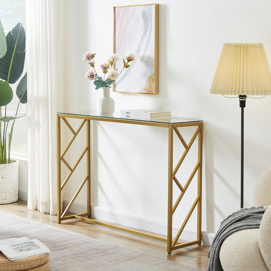 42" Clear and Gold Glass and Steel Frame Console Table