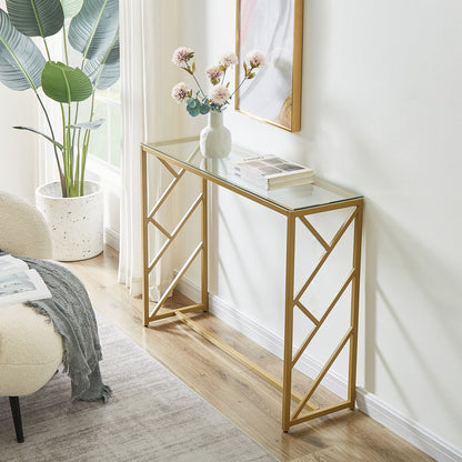42" Clear and Gold Glass and Steel Frame Console Table