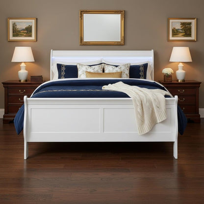White Carved Geometric Wood King Bed Frame