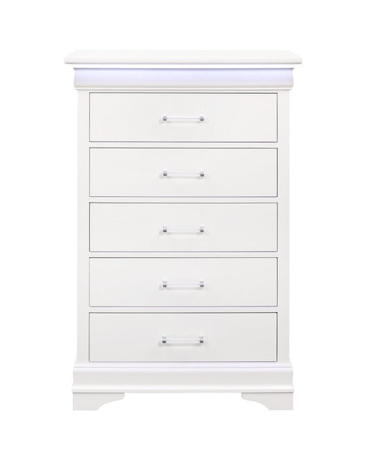 32" White Solid Wood Lighted Five Drawer Dresser
