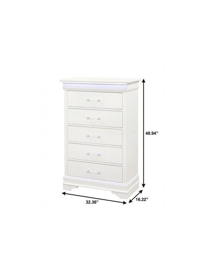 32" White Solid Wood Lighted Five Drawer Dresser