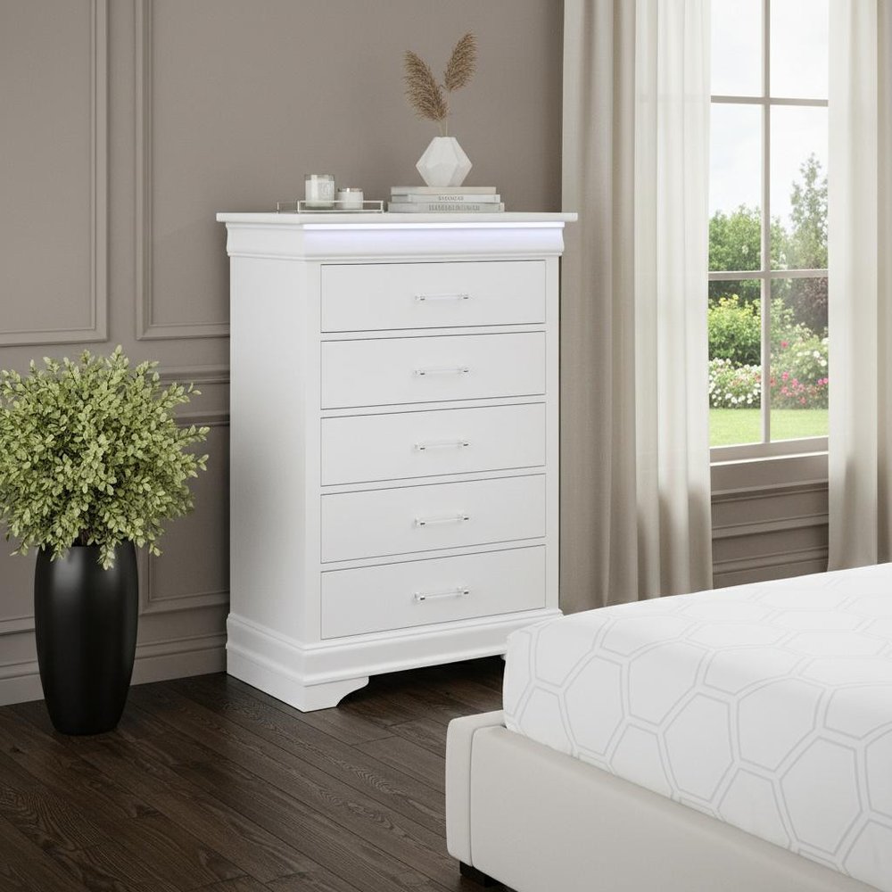 16" White Solid Wood Five Drawer Chest with LED Lighting