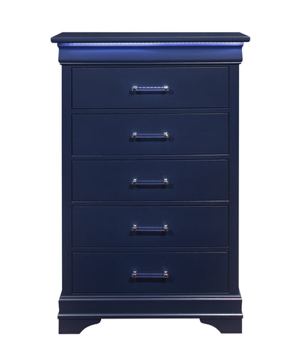 16" Blue Solid Wood Five Drawer Chest With LED Lighting