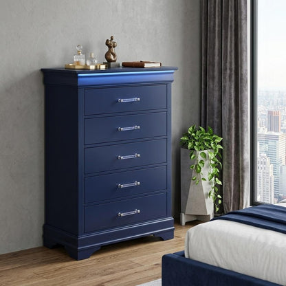 16" Blue Solid Wood Five Drawer Chest With LED Lighting