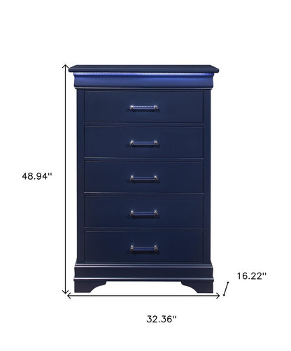 32" Blue Wood Lighted Five Drawer Dresser