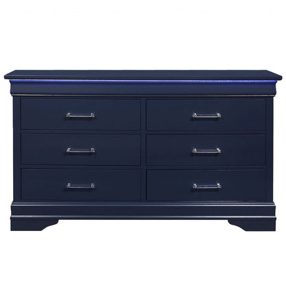 59" Blue Solid Wood Lighted Six Drawer Double Dresser
