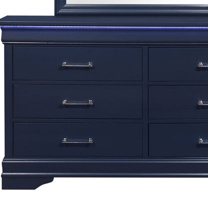 59" Blue Solid Wood Lighted Six Drawer Double Dresser