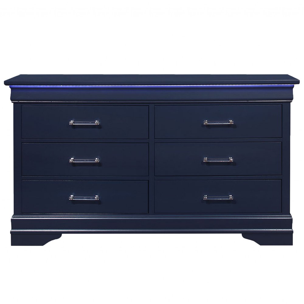 59" Blue Solid Wood Lighted Six Drawer Double Dresser