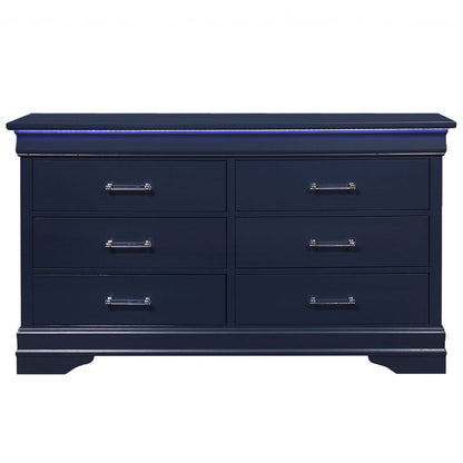 59" Blue Solid Wood Lighted Six Drawer Double Dresser