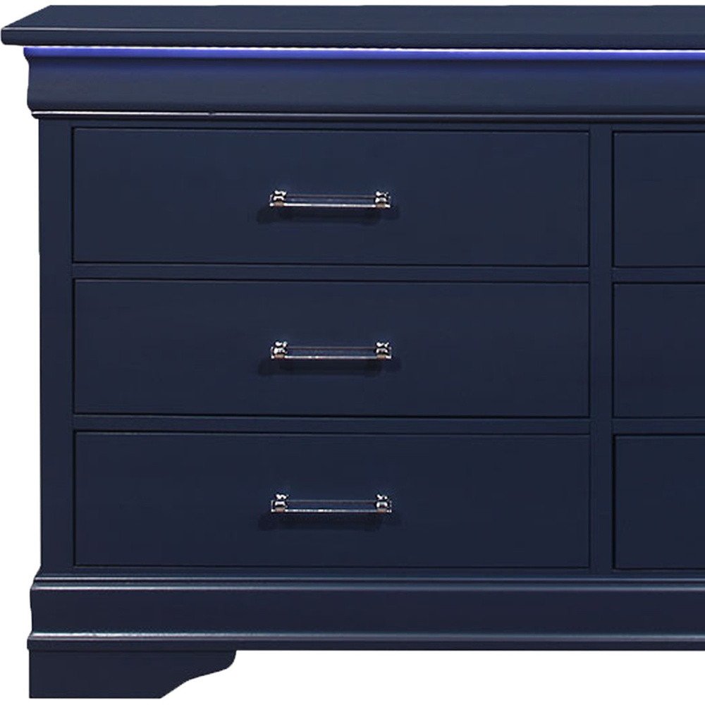 59" Blue Solid Wood Lighted Six Drawer Double Dresser