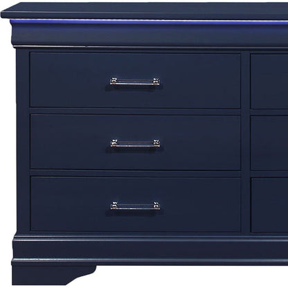 59" Blue Solid Wood Lighted Six Drawer Double Dresser
