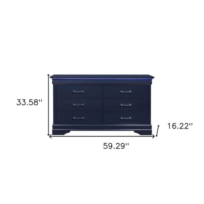 59" Blue Solid Wood Lighted Six Drawer Double Dresser