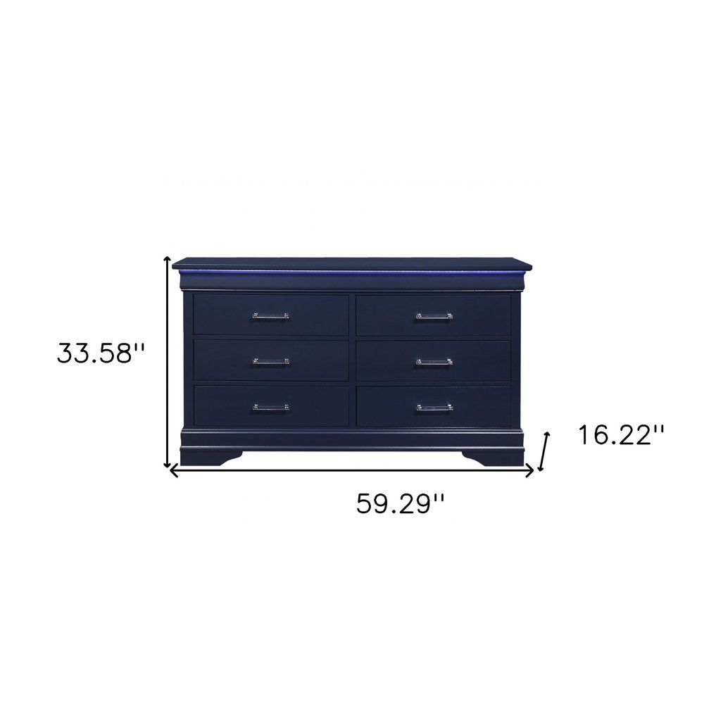 59" Blue Solid Wood Lighted Six Drawer Double Dresser