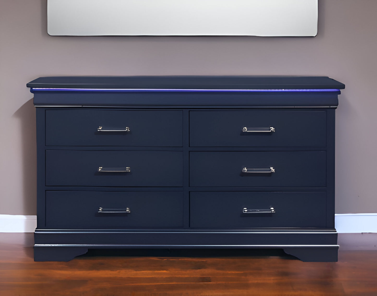 59" Blue Solid Wood Six Drawer Double Dresser