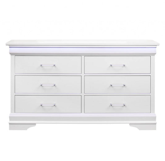 59" White Solid Wood Lighted Six Drawer Double Dresser