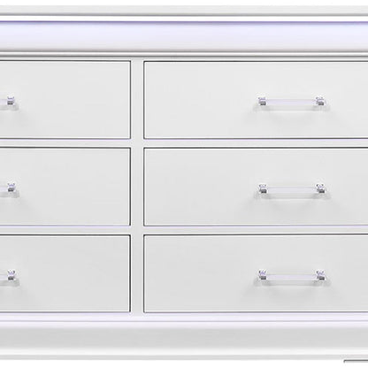59" White Solid Wood Lighted Six Drawer Double Dresser