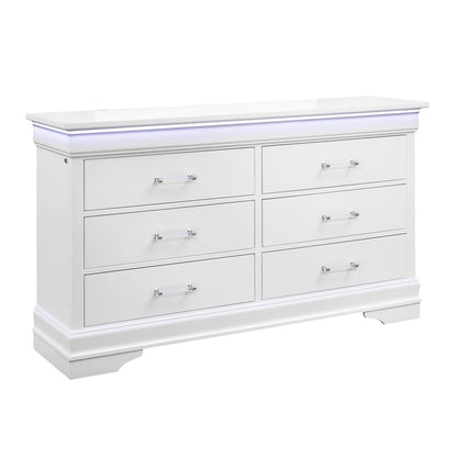 59" White Solid Wood Lighted Six Drawer Double Dresser