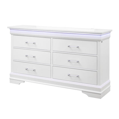 59" White Solid Wood Lighted Six Drawer Double Dresser